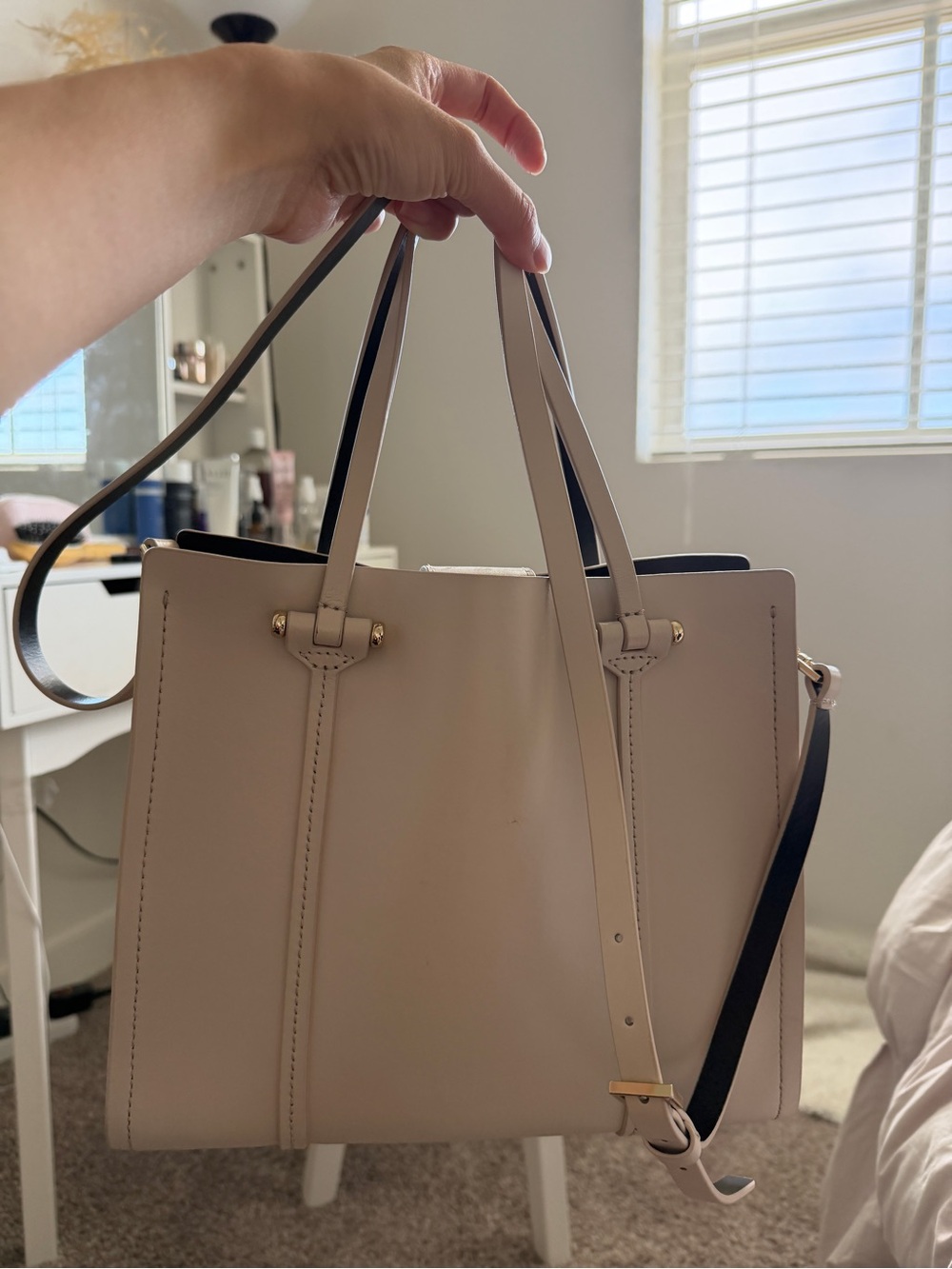 kate spade Cream Leather Structured Tote with Gold Logo Plate - Picture 5 of 7